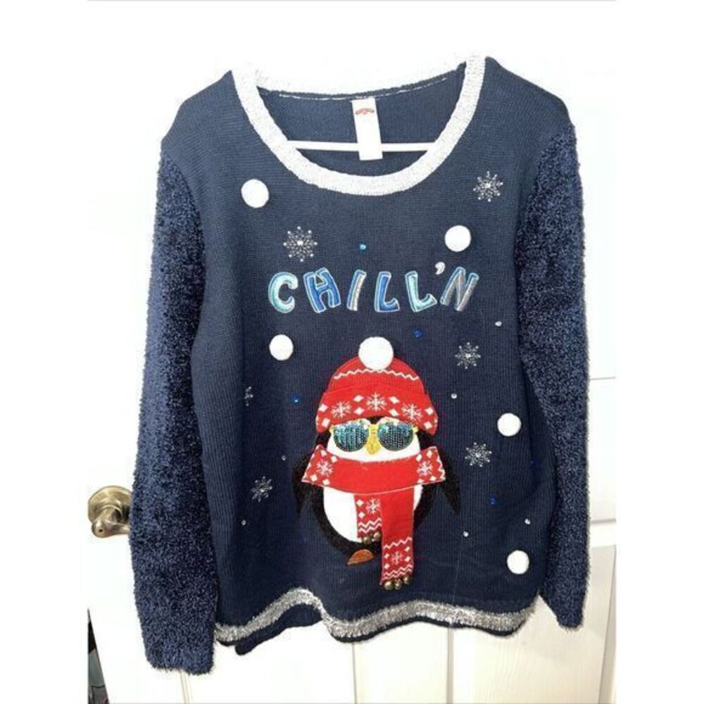 Holiday Time Women's‎ Large (12-14) Blue CHILL'N Embellished Warm Winter Sweater